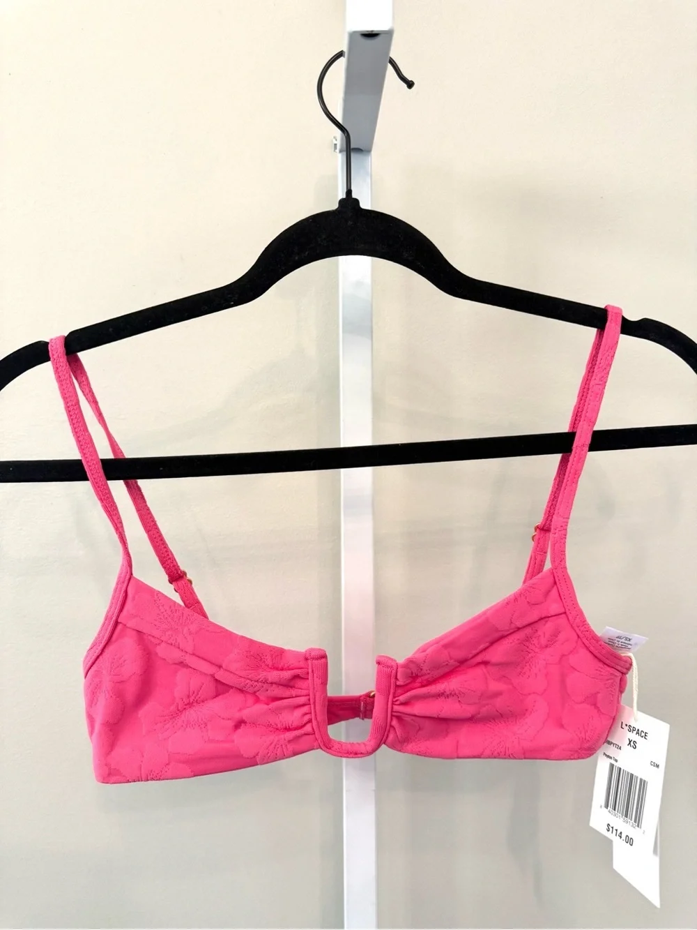 L*Space Peyton Bikini Top Hot Pink Floral Textured Ring Bralette Swim NWT